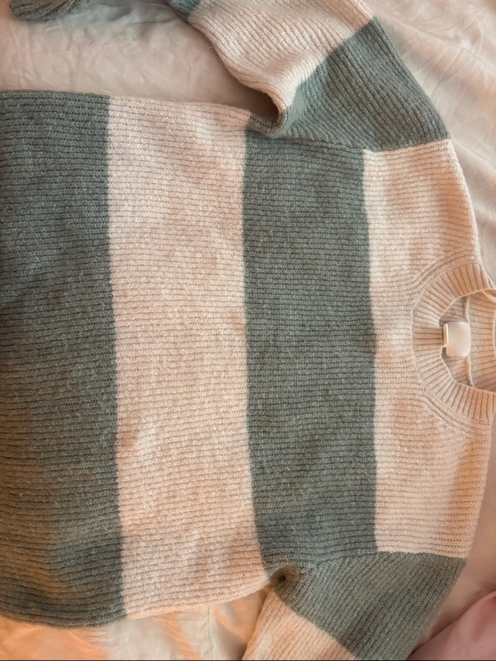 H&M Striped Crewneck Sweater in Sage Green and Cream